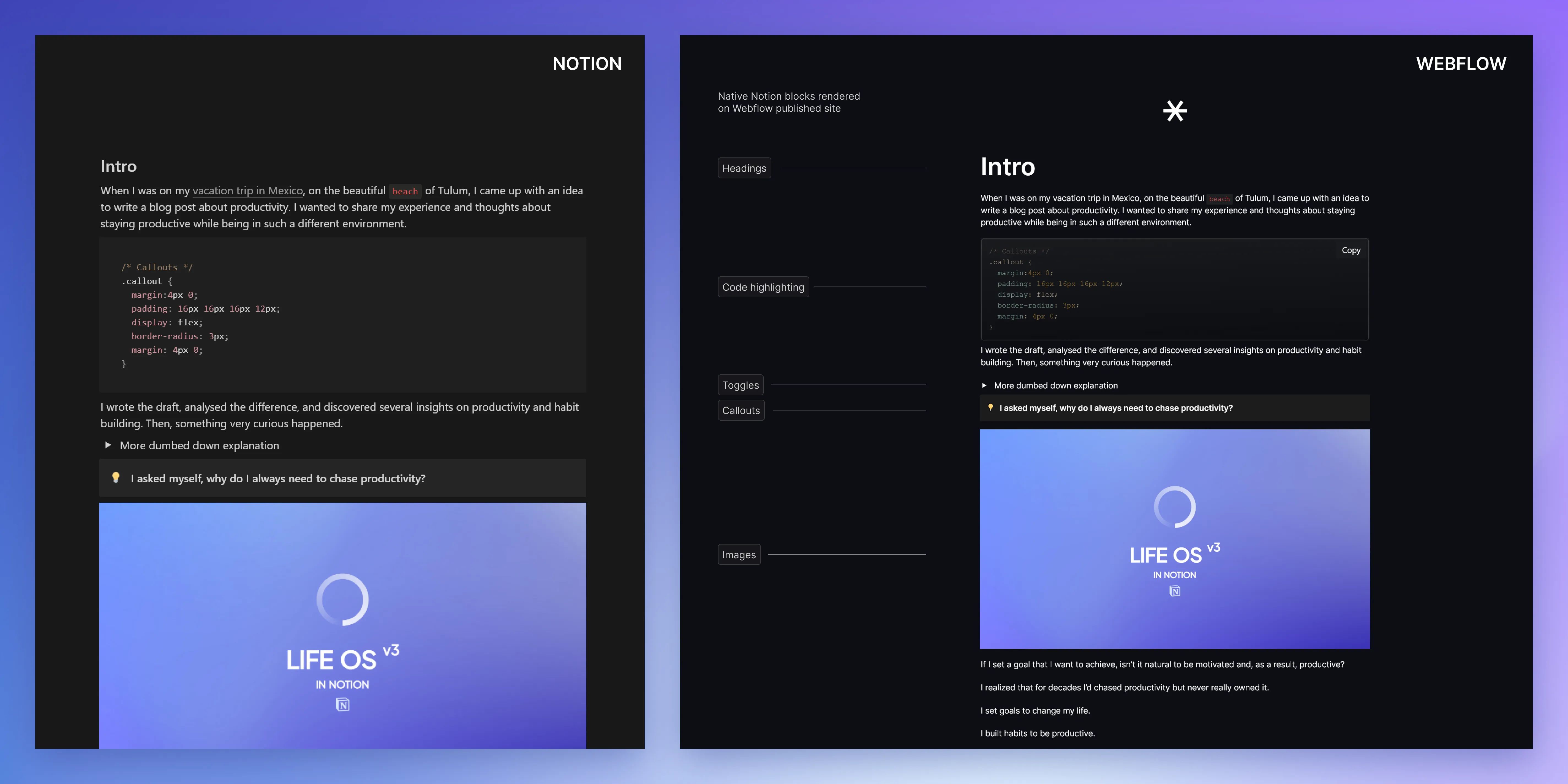 Blog OS automation that shows a comparison of a blog post in Notion and published with Webflow CMS.
