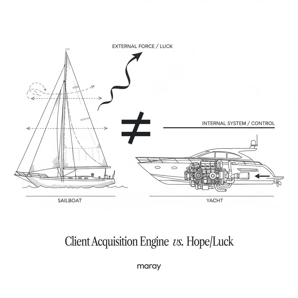 A conceptual diagram presenting a choice: a sailboat, representing 'External Force / Luck,' is shown as fundamentally different from a motor yacht, representing 'Internal System / Control.' It contrasts a hope-based approach with having a client acquisition engine.