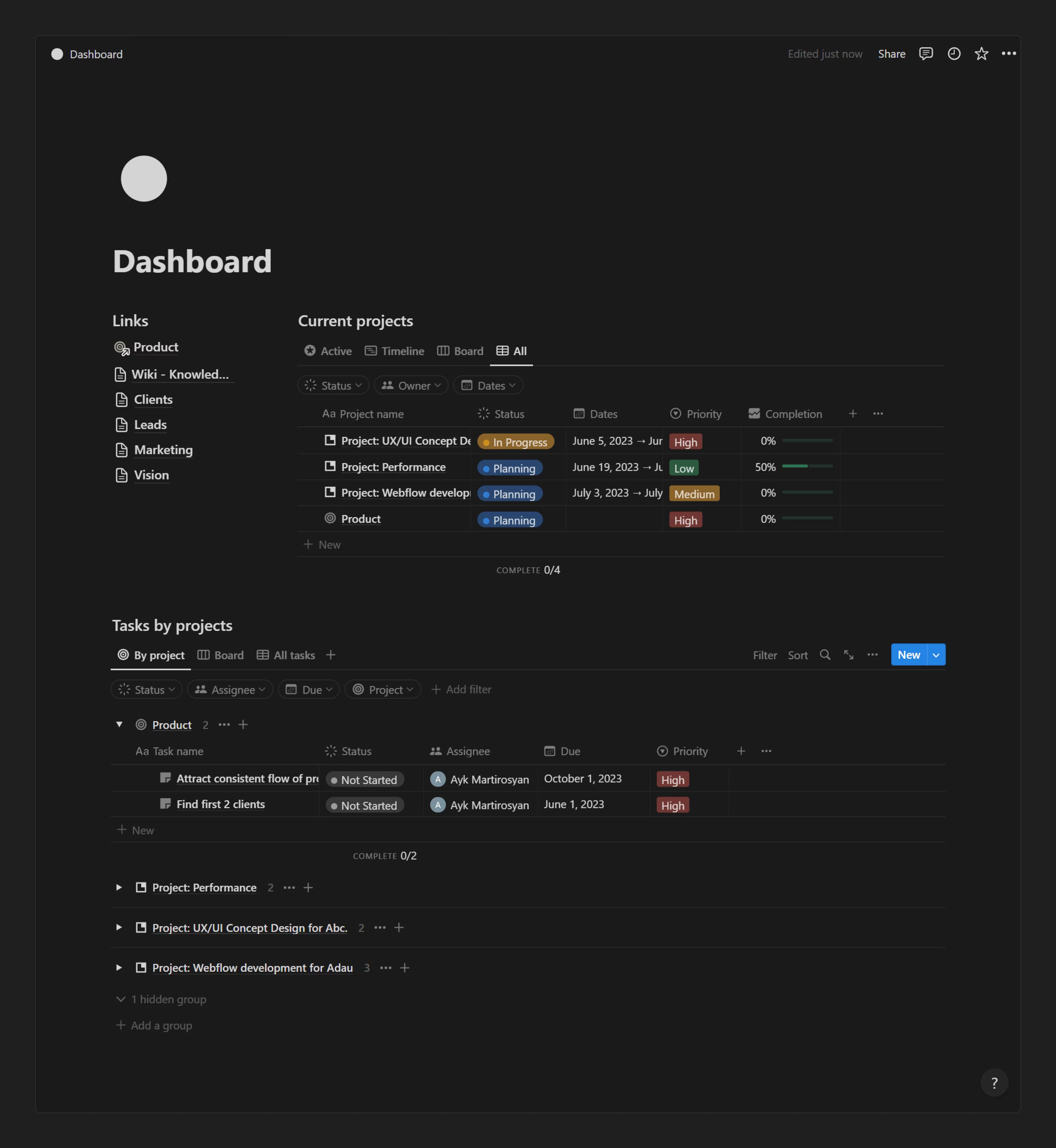 Business OS Dashboard page in Notion where you can track your projects and tasks.