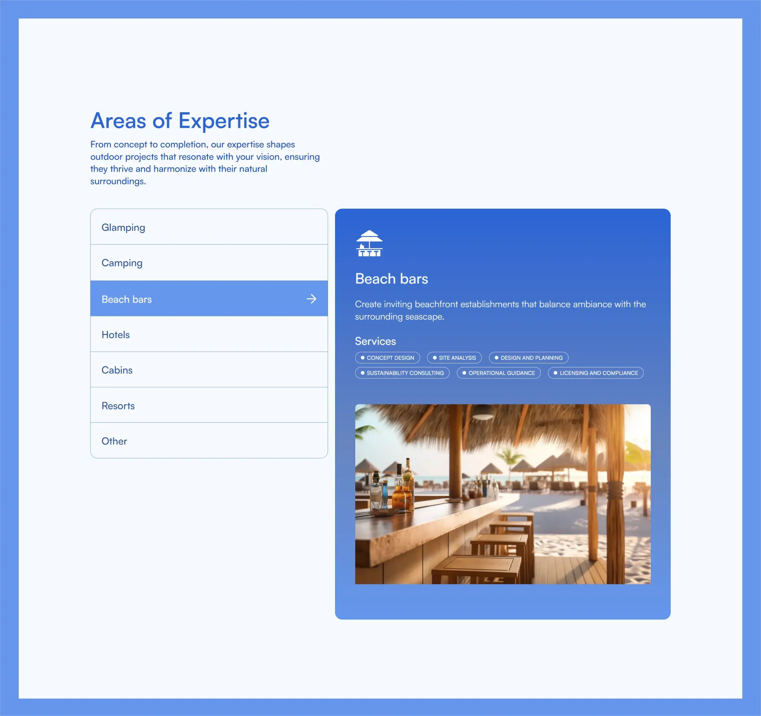 Design of the areas of expertise section of an outdoor consulting firm landing page.
