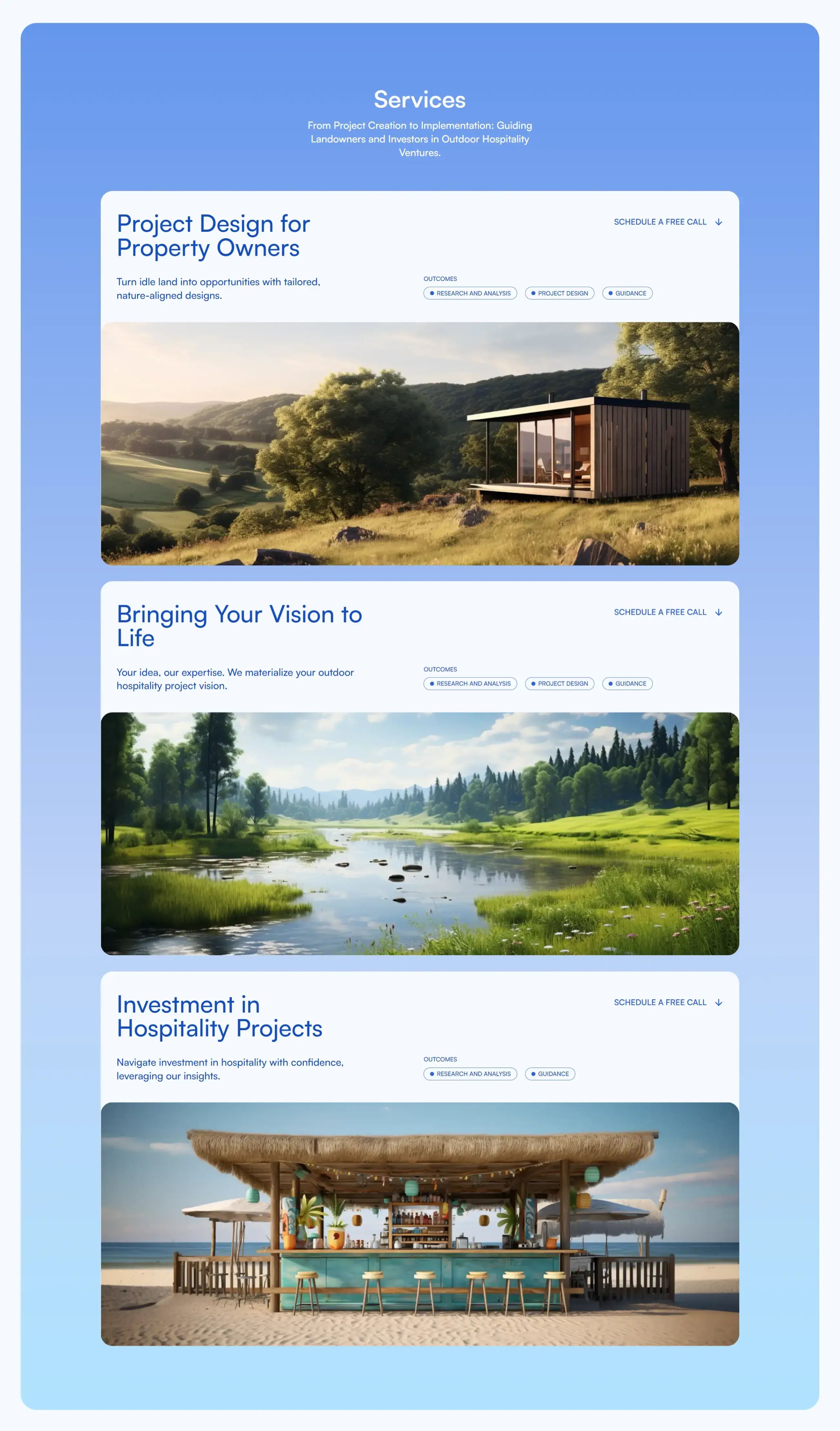 Design of the services section of an outdoor consulting firm landing page.