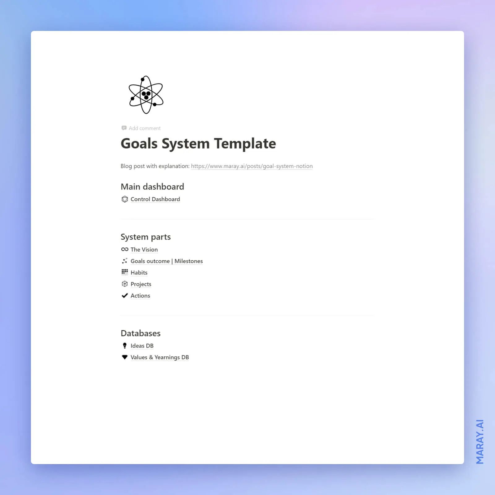 Notion goals system template home page and its parts.