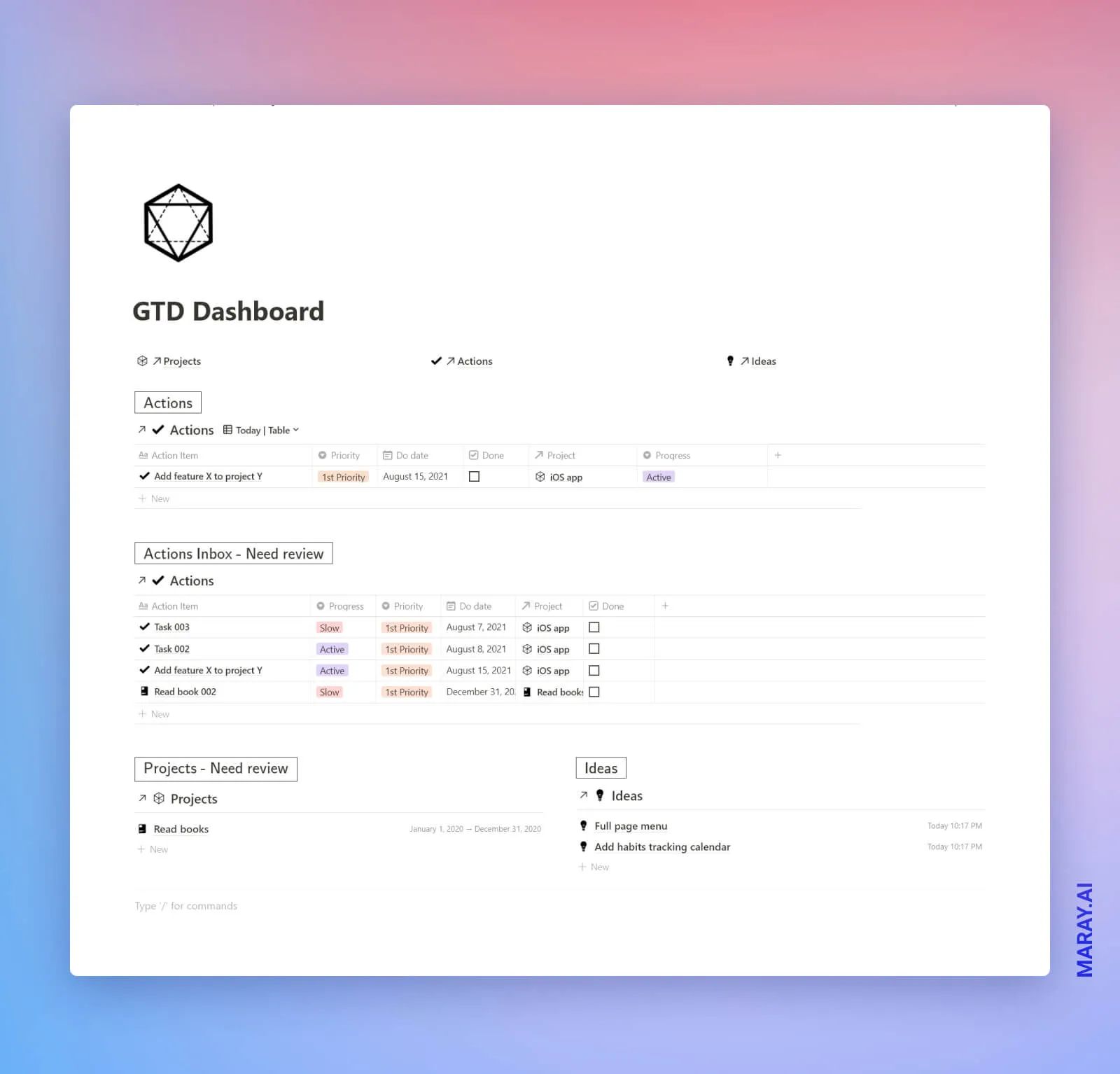 GTD Dashboard in Notion.