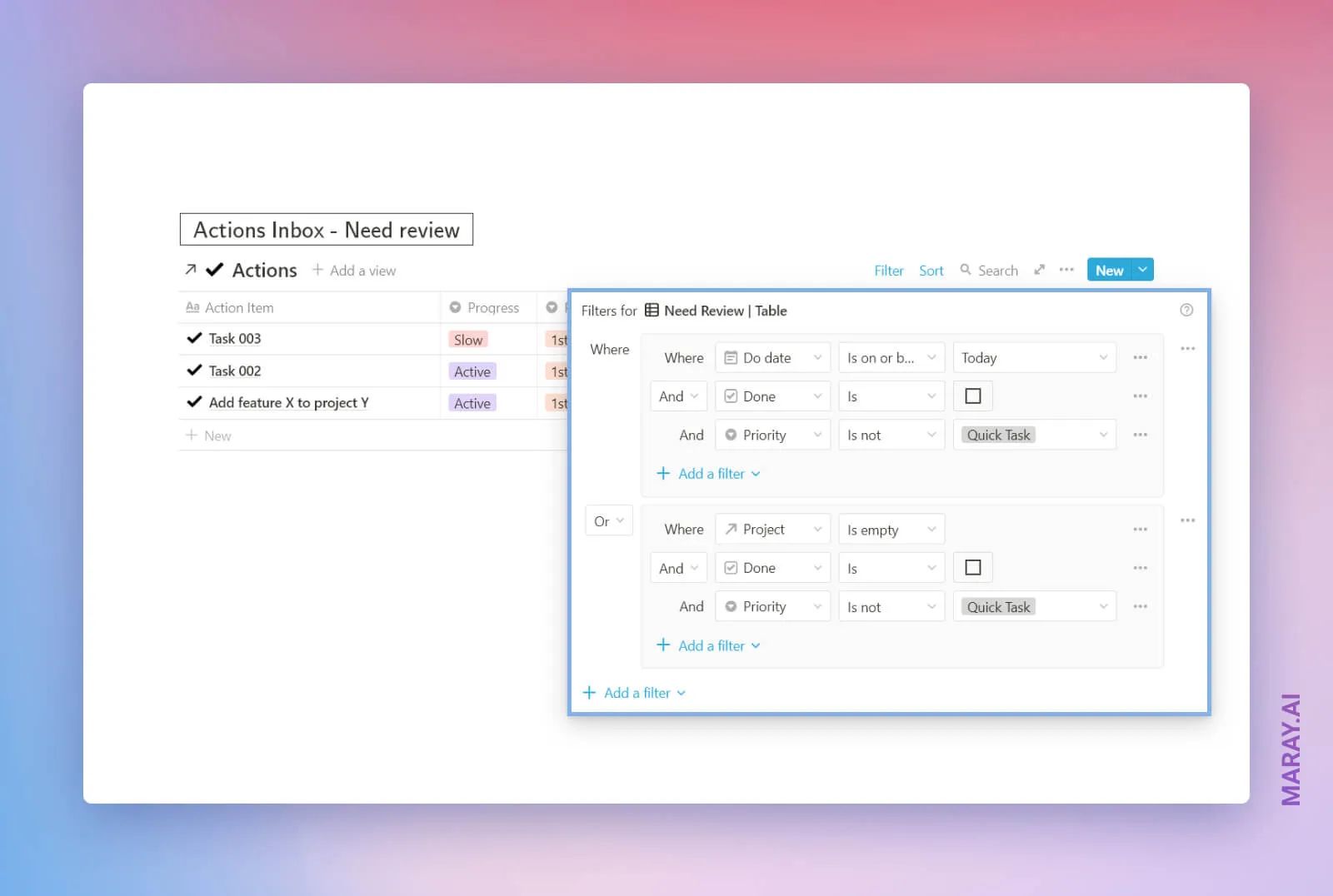 Step-by-step guide: create Actions Inbox view for the GTD Dashboard with the following filtering and sorting.