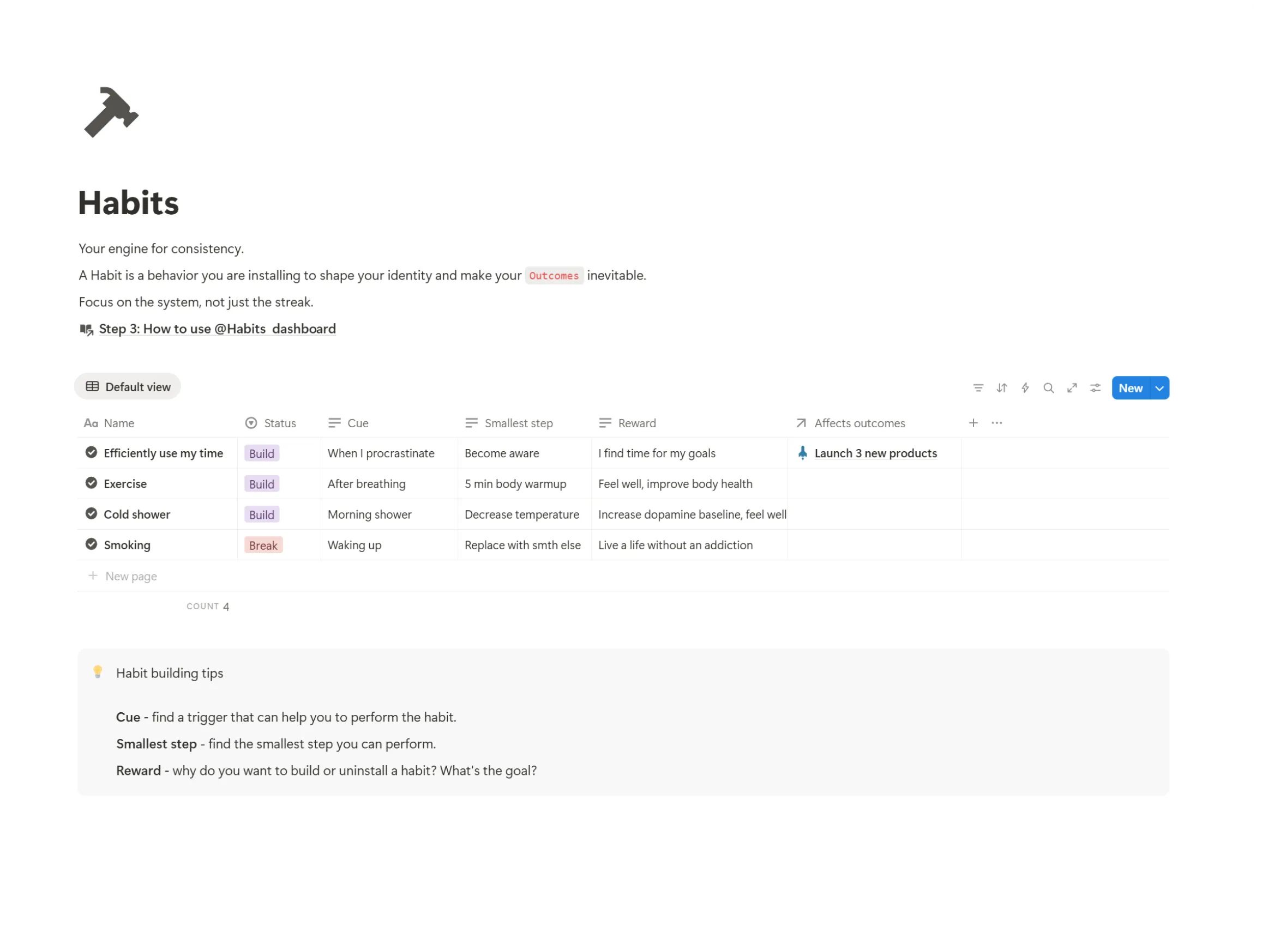 A simple and effective habit tracker dashboard in the Life OS Notion template for building and monitoring consistent daily routines.