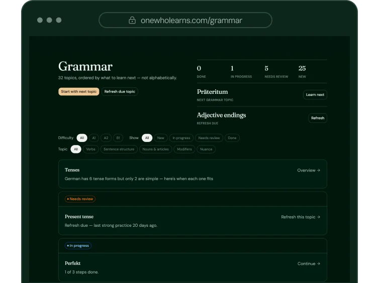 A course lesson in the web app: a grammar rule explained in plain words, followed by exercises.