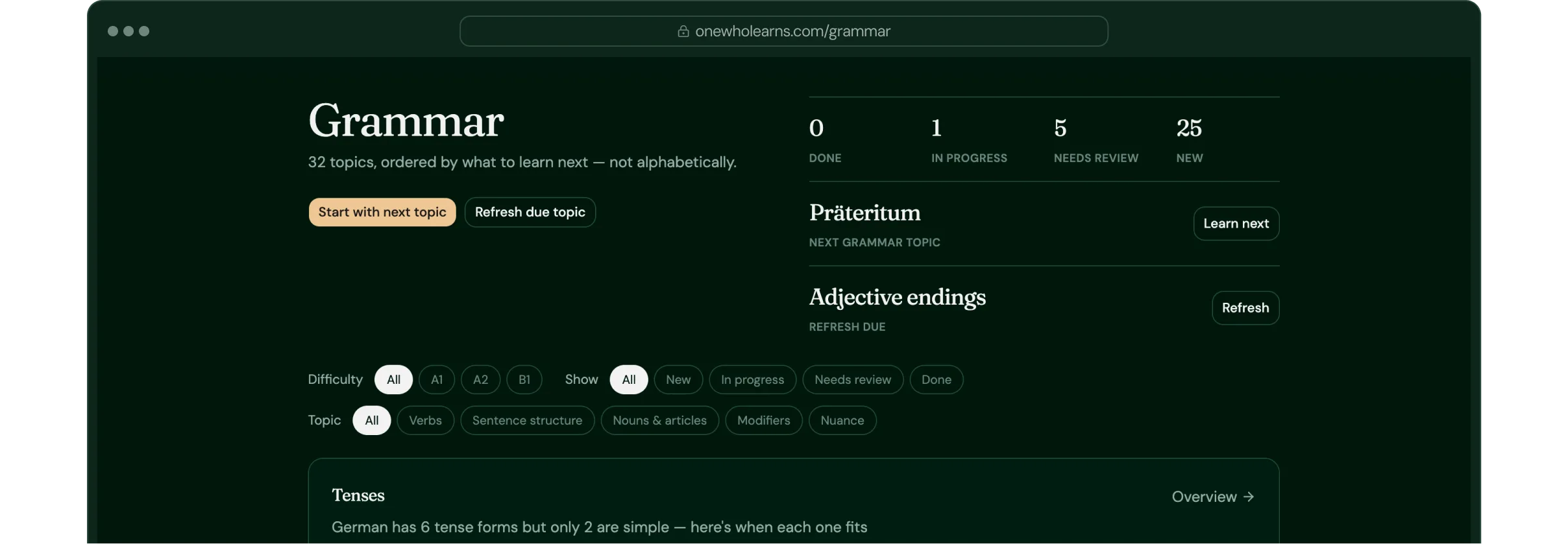 A course lesson in the web app: a grammar rule explained in plain words, followed by exercises.