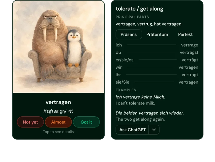 A word card with an AI-made translation, picture and example sentence.