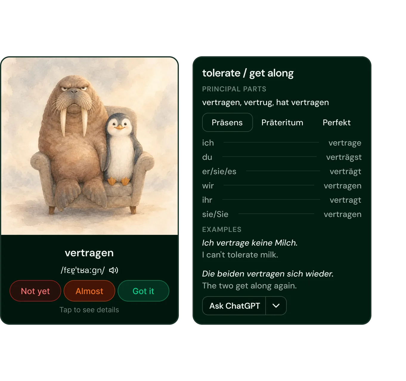 A word card with an AI-made translation, picture and example sentence.