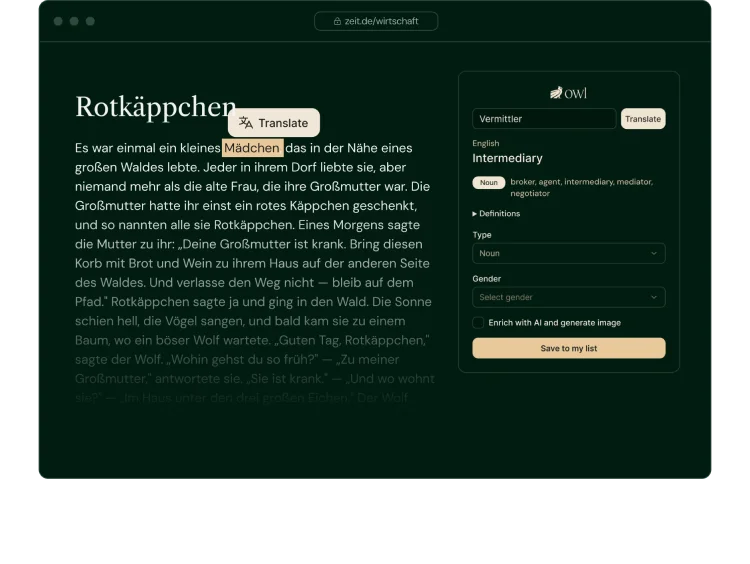 The Chrome extension translating a word on a web page and sending it to the deck.