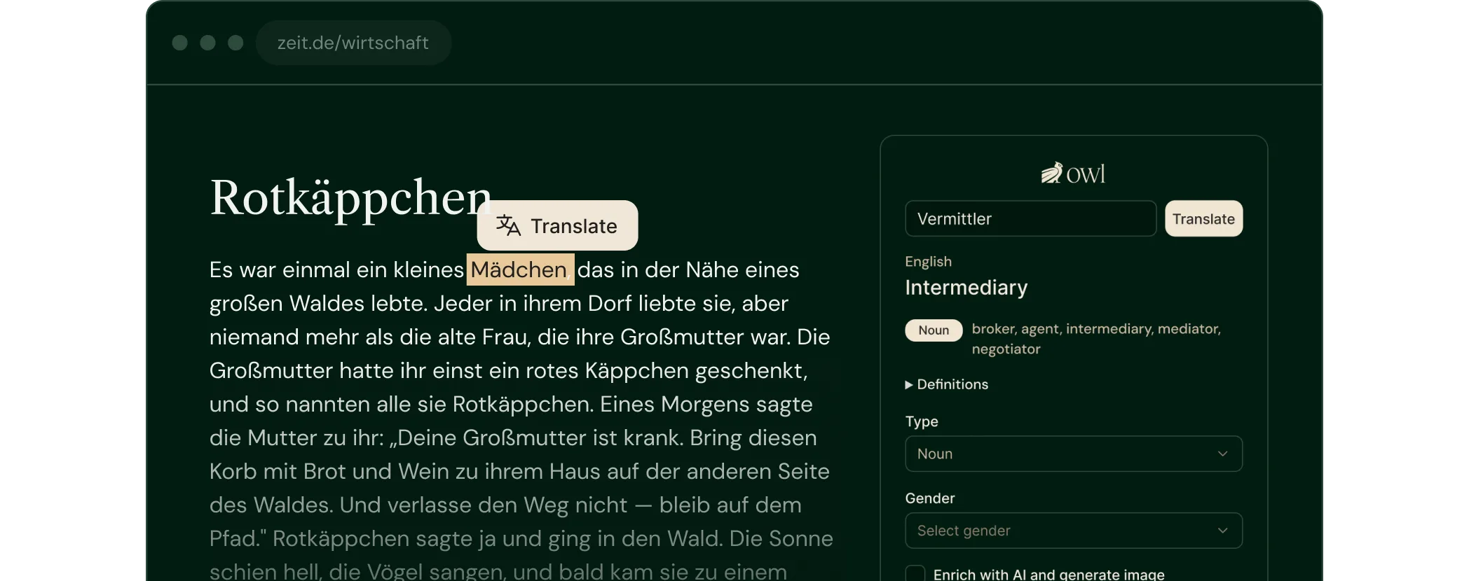 The Chrome extension translating a word on a web page and sending it to the deck.