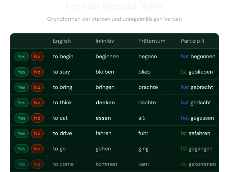 Grammar tables for articles, cases and verb forms in the web app.