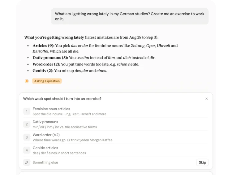 ChatGPT and Claude connected to the learner’s words and progress.
