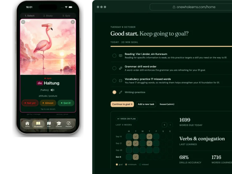 One Who Learns on an iPhone, showing a flashcard for the word Haltung, next to the web app showing the daily study plan.