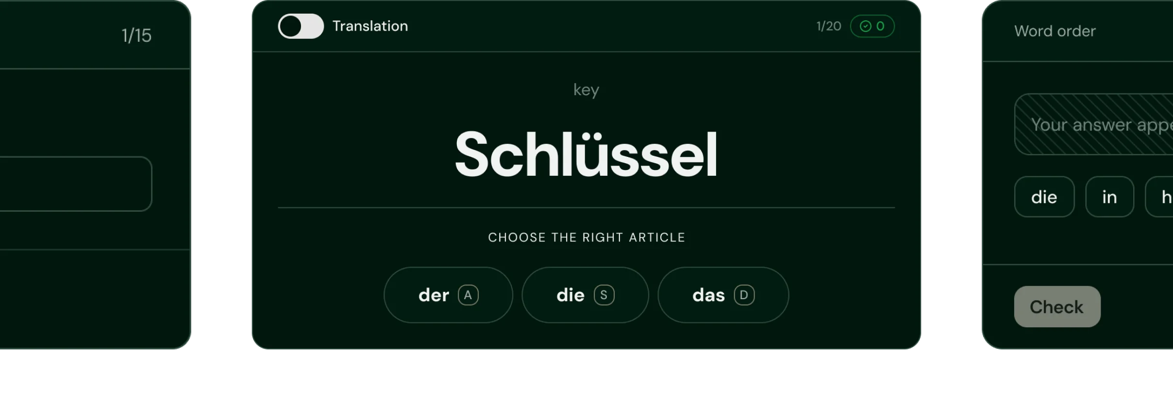 A grammar drill in the web app, practising articles and cases.