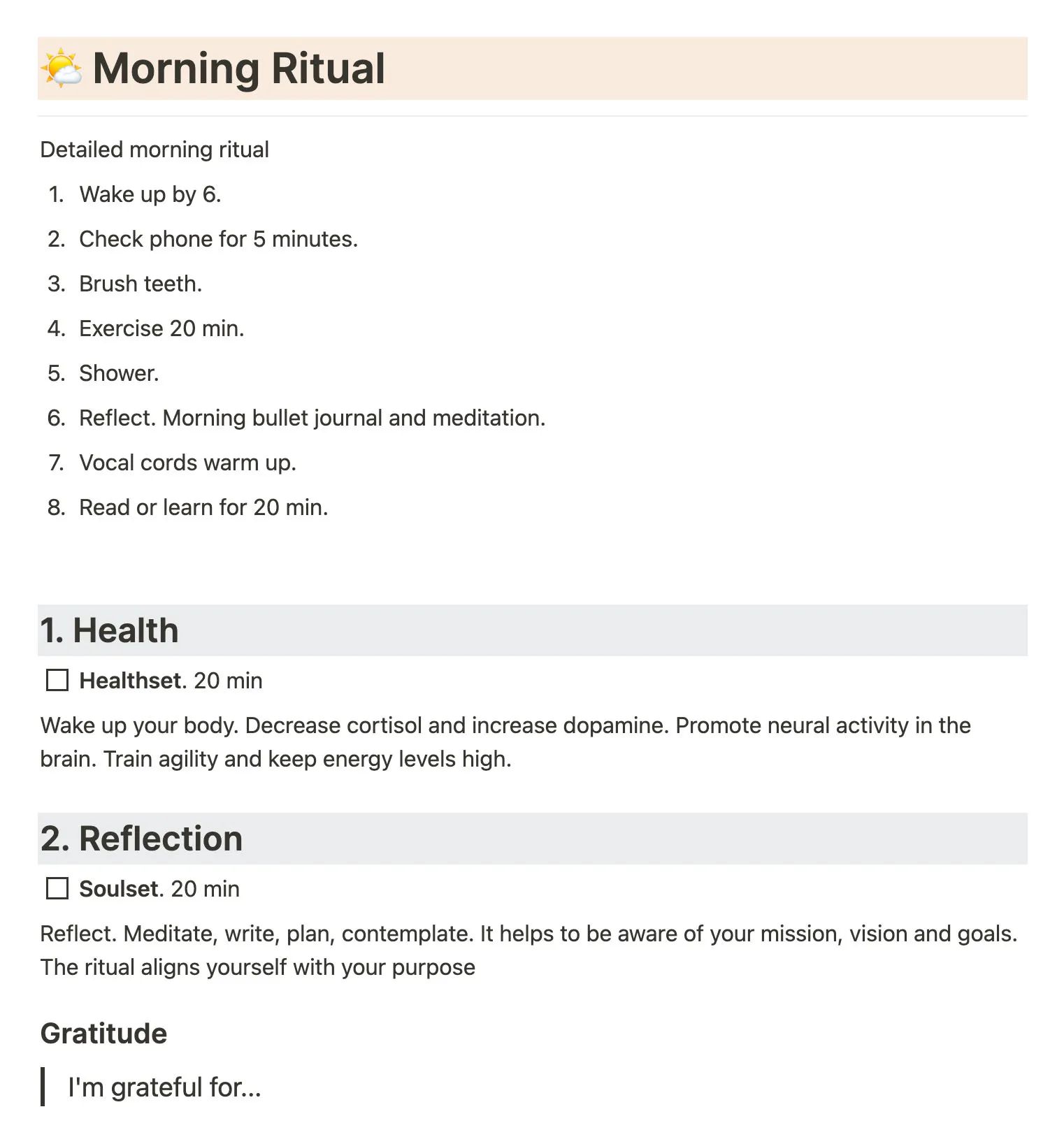 My morning ritual template in Notion