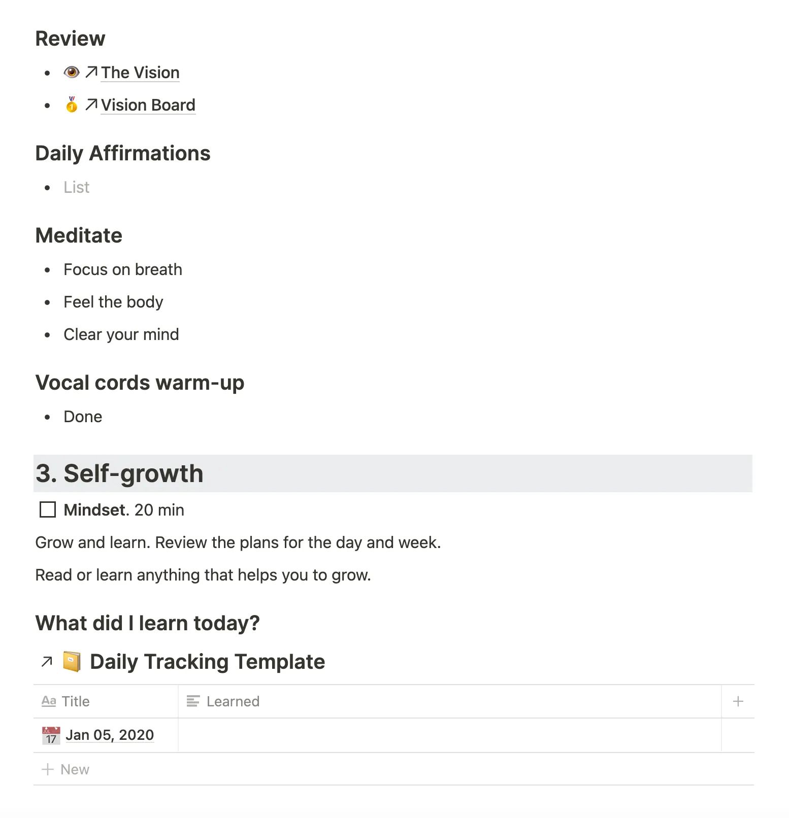 My morning ritual template in Notion