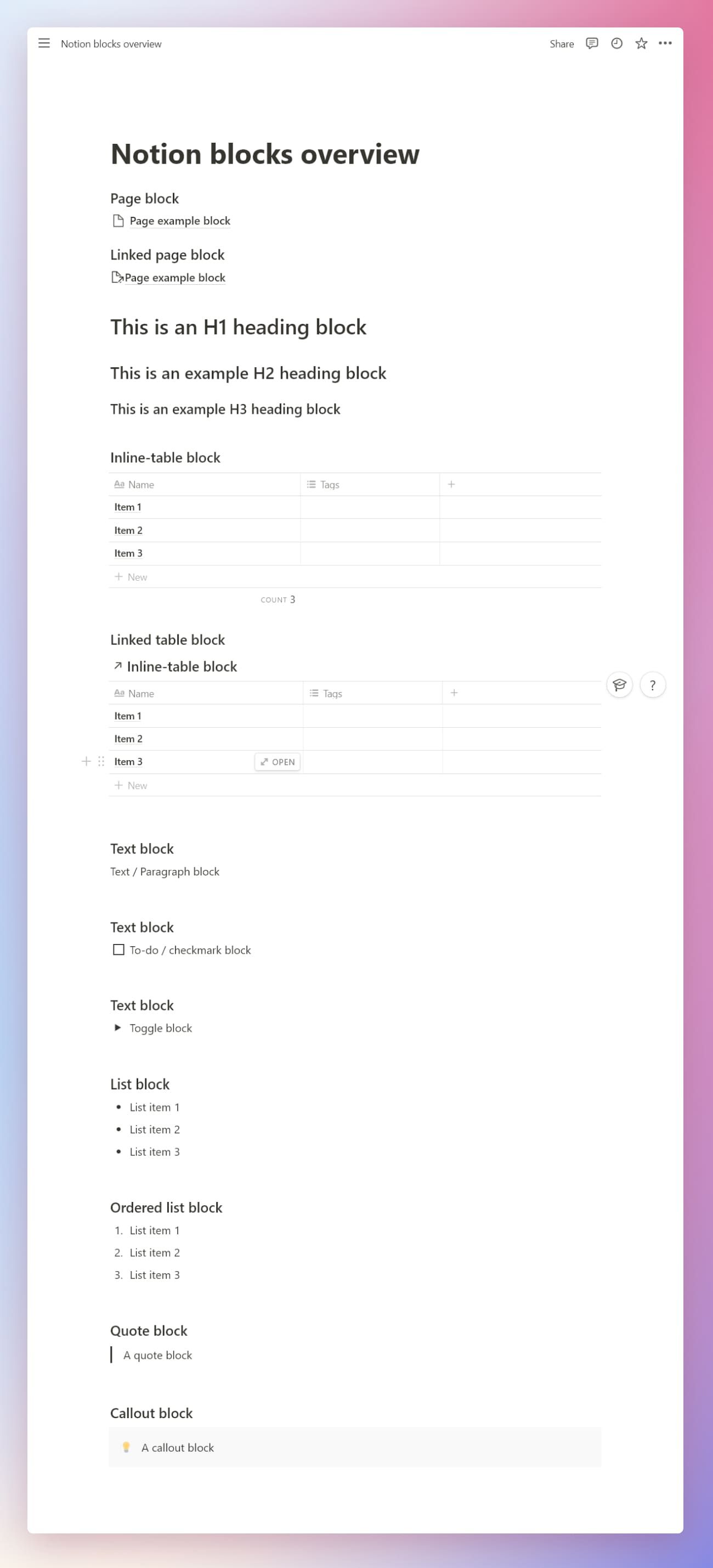 Notion blocks overview.