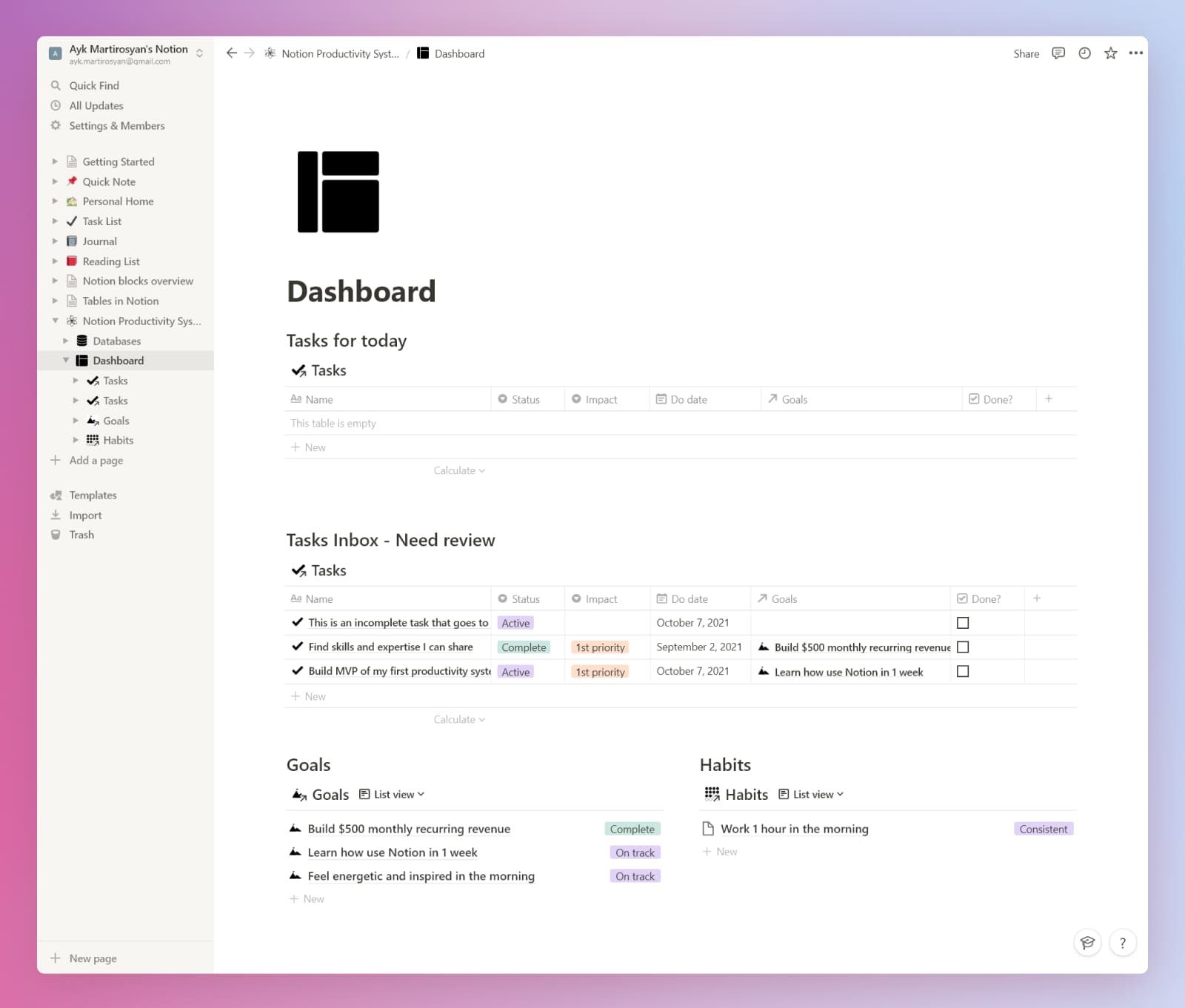 Notion beginner's productivity system dashboard.