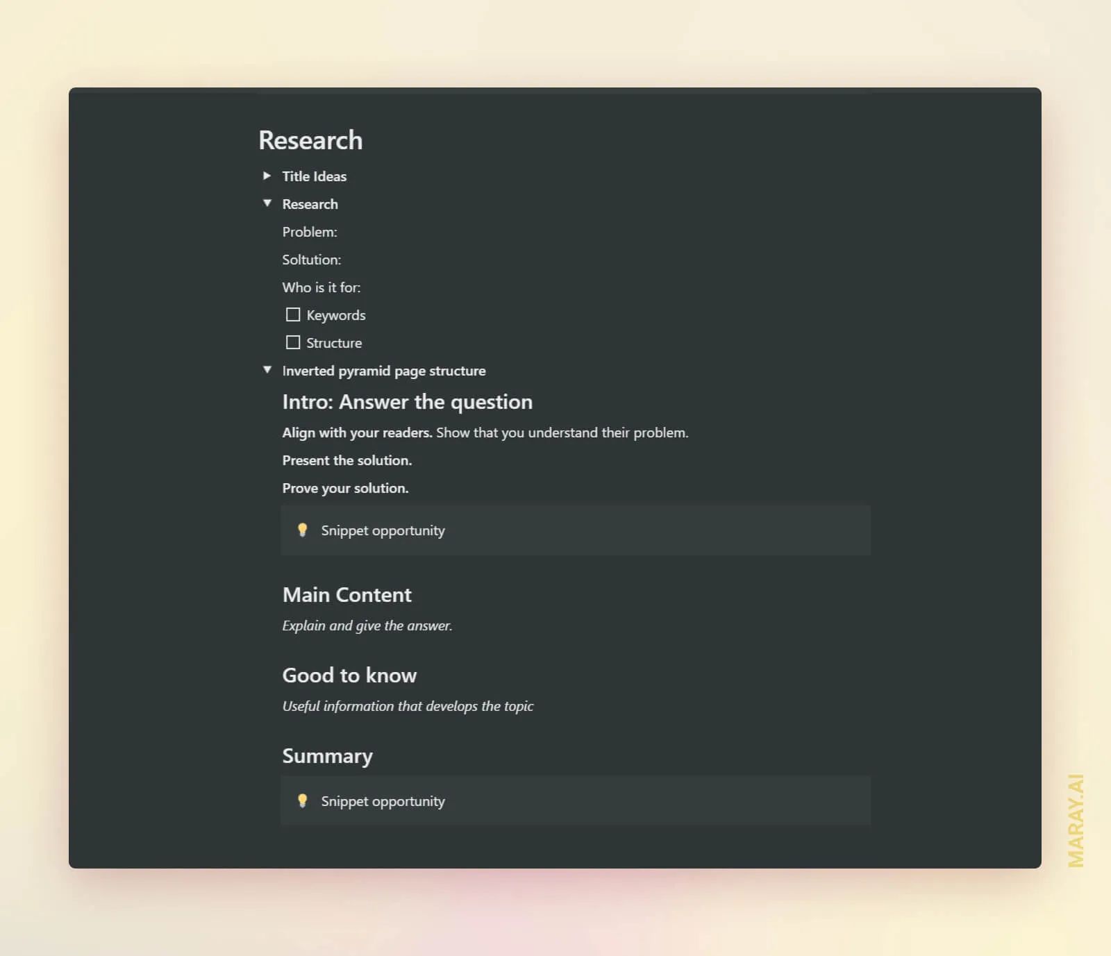 Research and structure of the blog post template page I use in Notion.