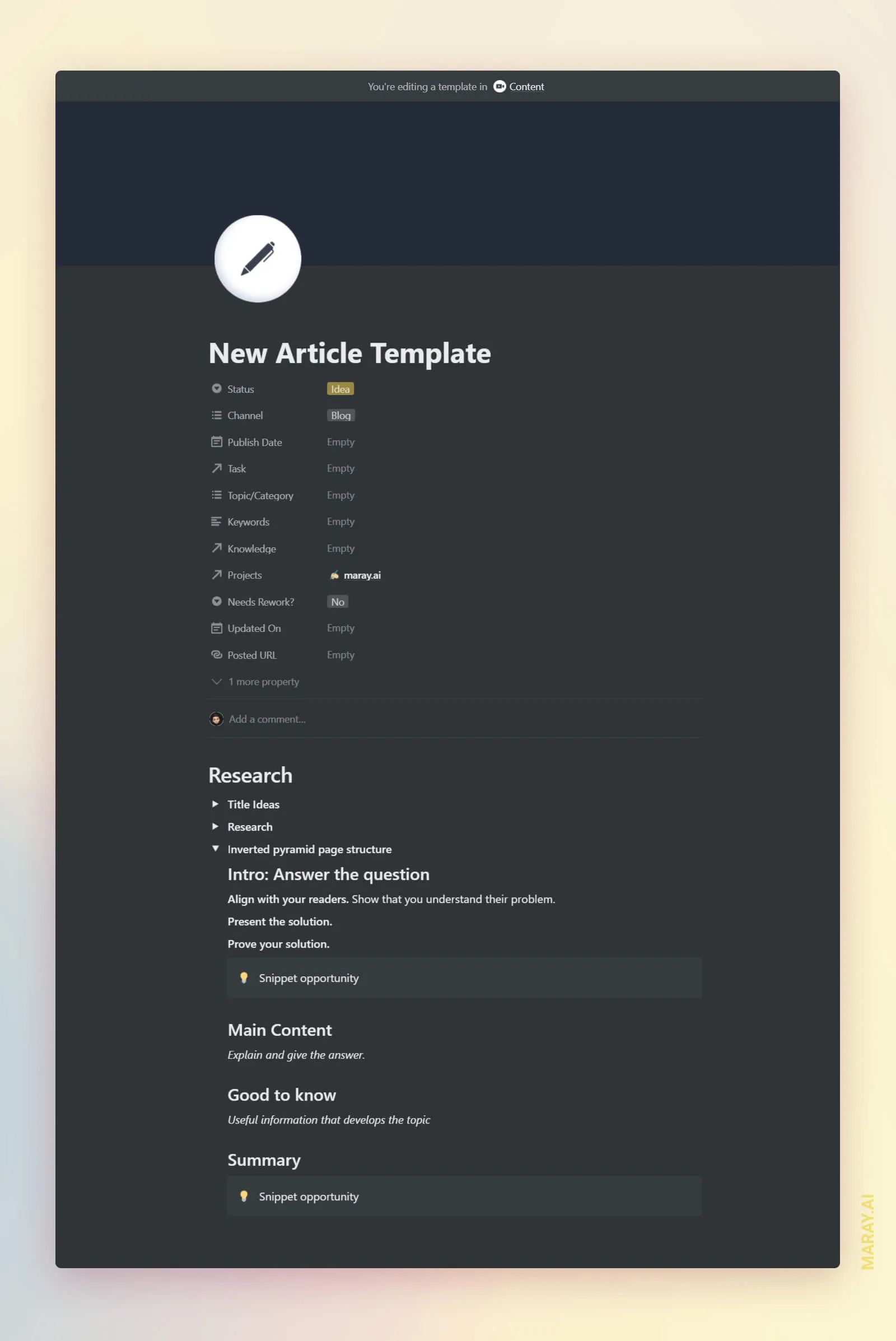 Blog post template in Notion that I use to write articles for my blog.