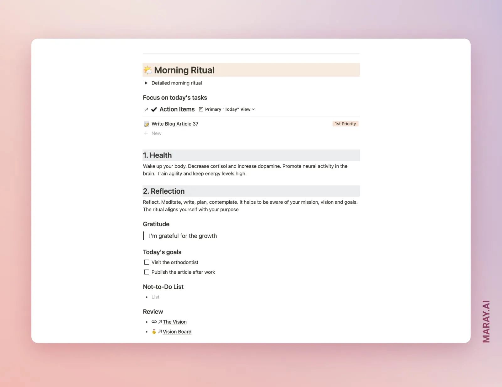 My daily bullet journaling template that I try to be consistent with. It helps to structure your day and also build other habits along with it.
