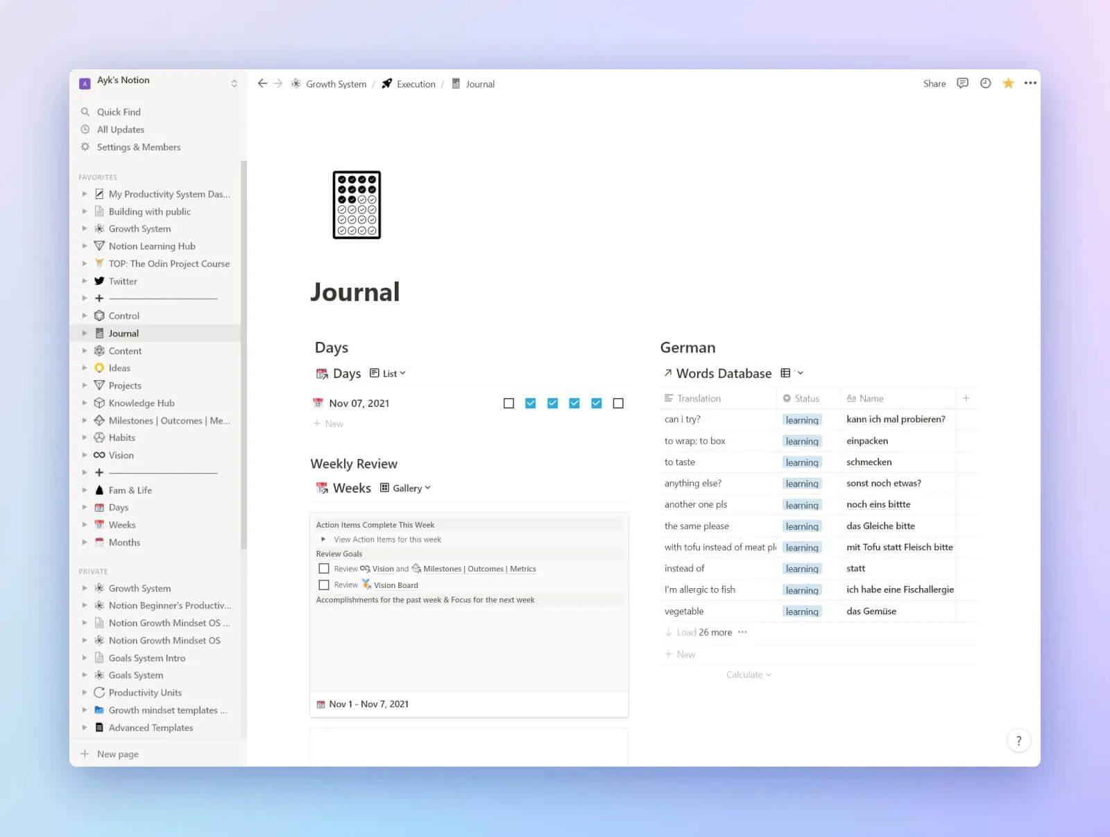Journaling dashboard in Notion.