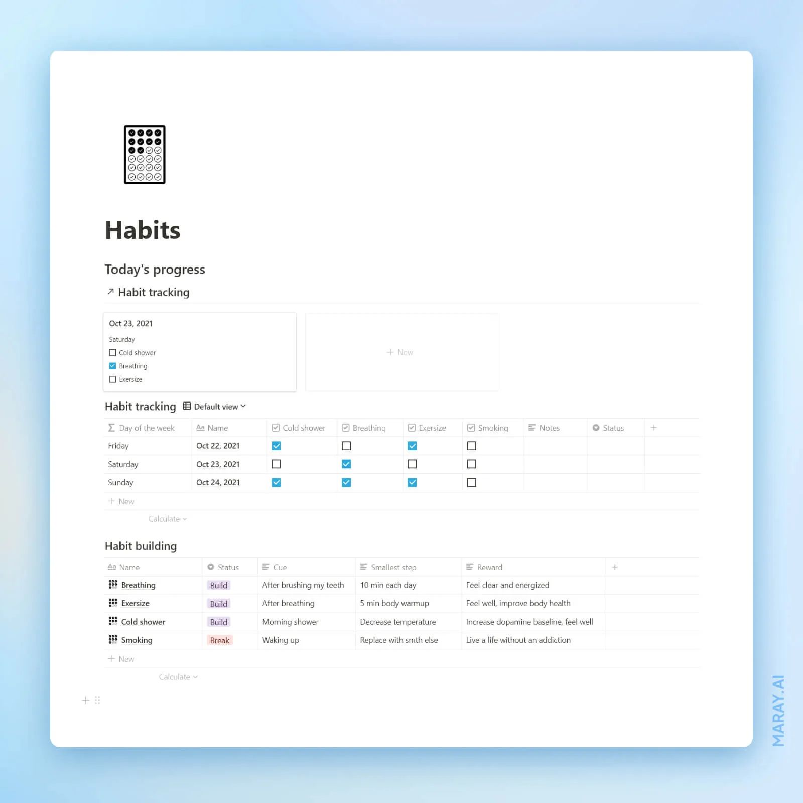 Habits dashboard in Notion.