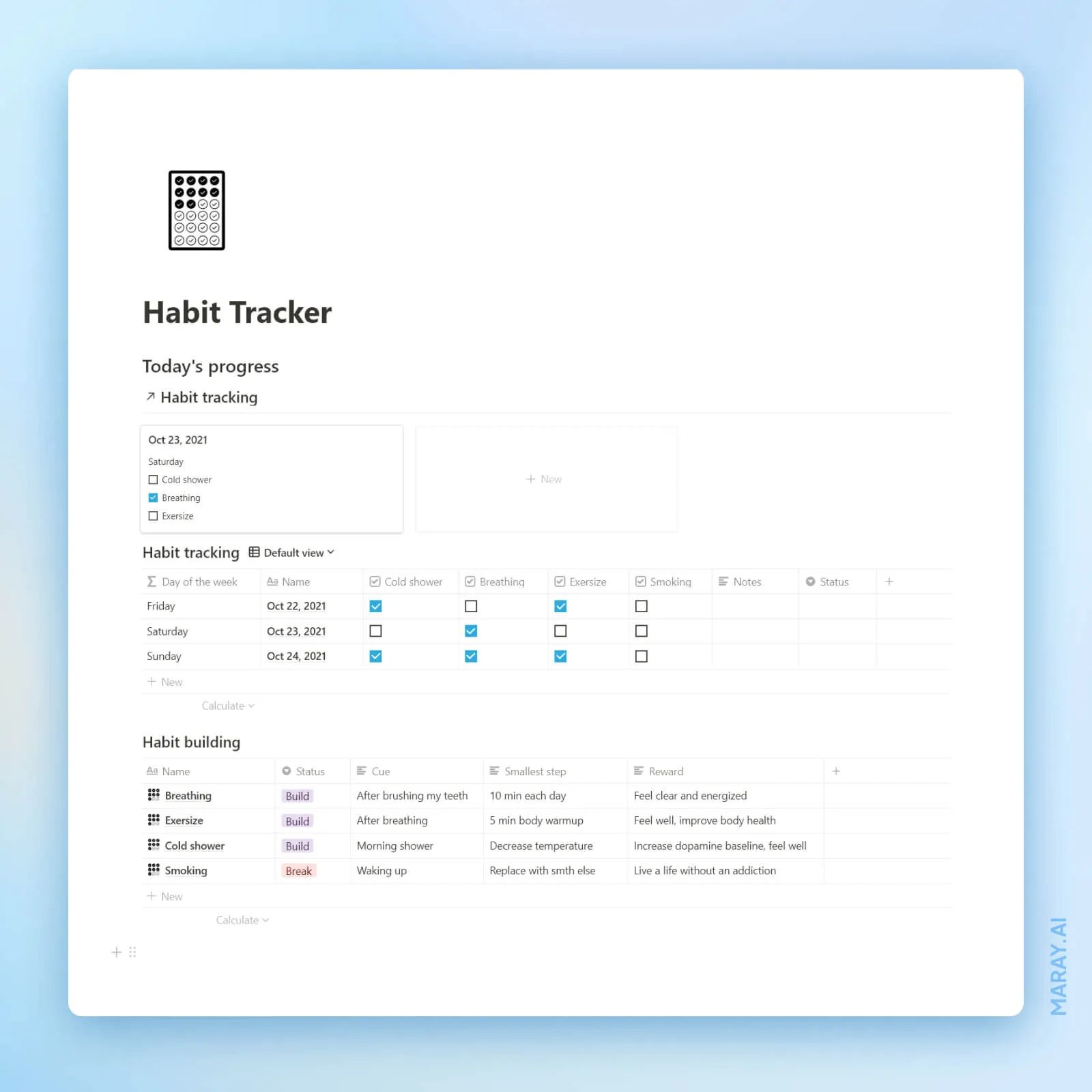 A habit tracker dashboard in Notion.