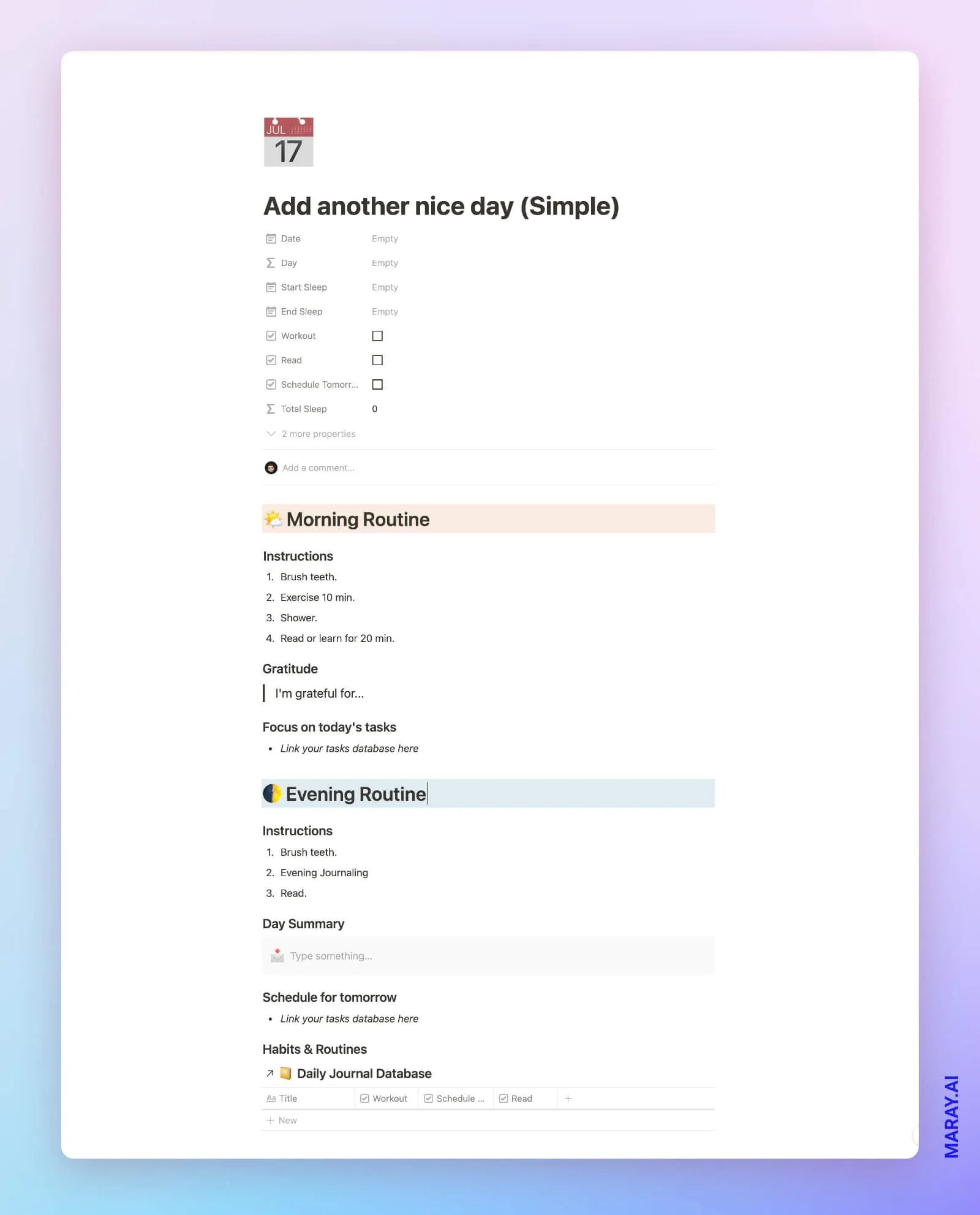 This is a simpler version of my daily journal entry in Notion.