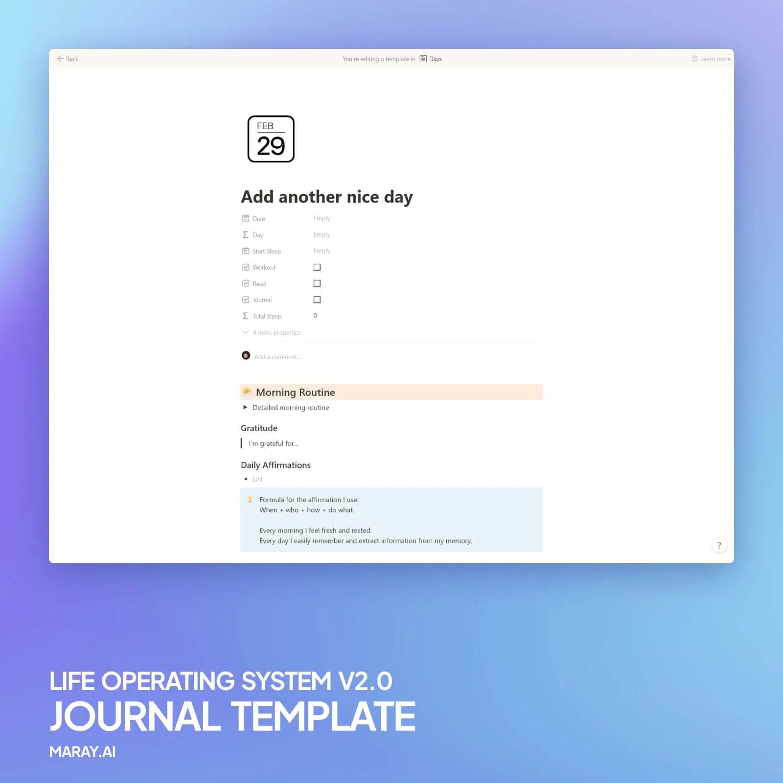 Screenshot of my journaling template in Notion.