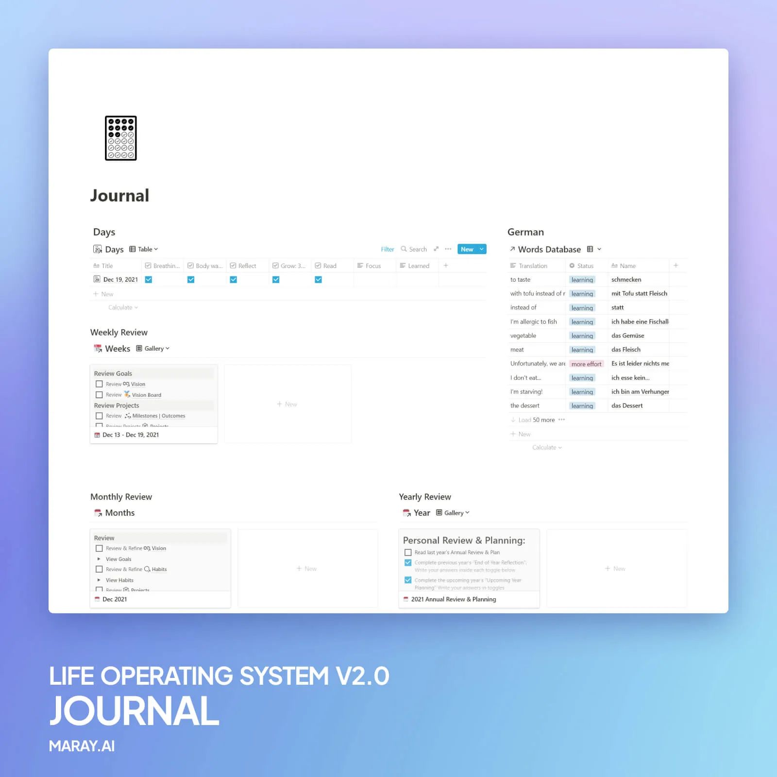 Journaling dashboard that use every morning to log my morning routine. A crucial part of the life os.