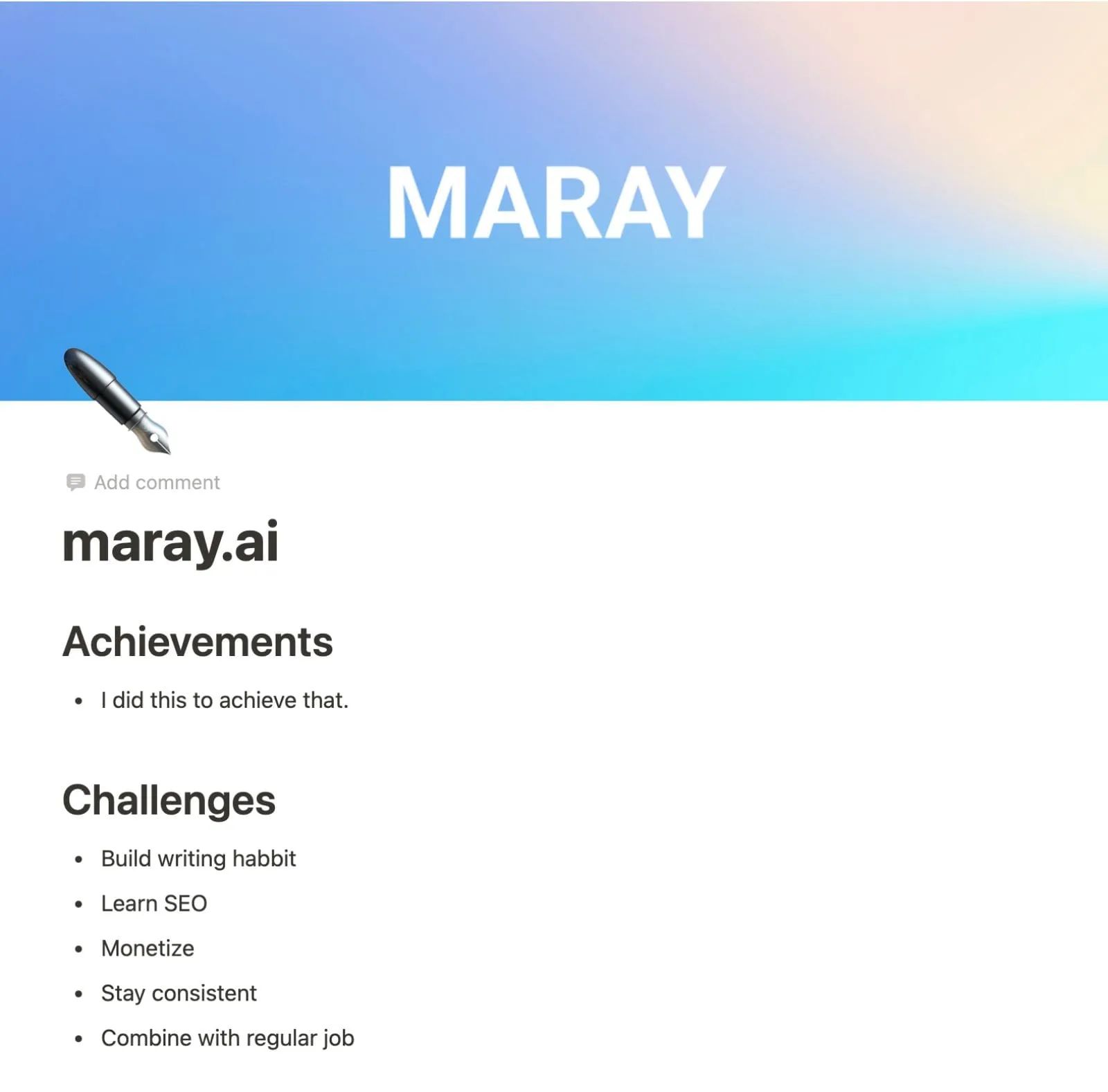Example of a page in Notion resume with additional info.