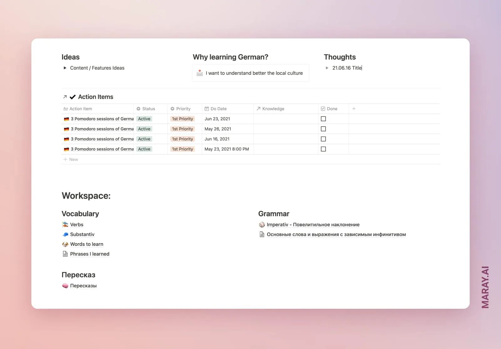The workspace dedicated to learning German. Have to improve the consistency.