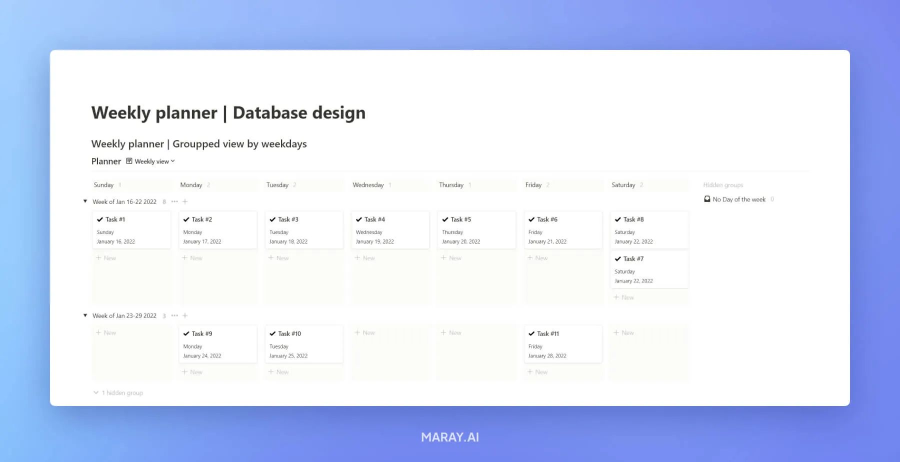 Weekly planner in Notion that is based on a database and grouped by weekdays.