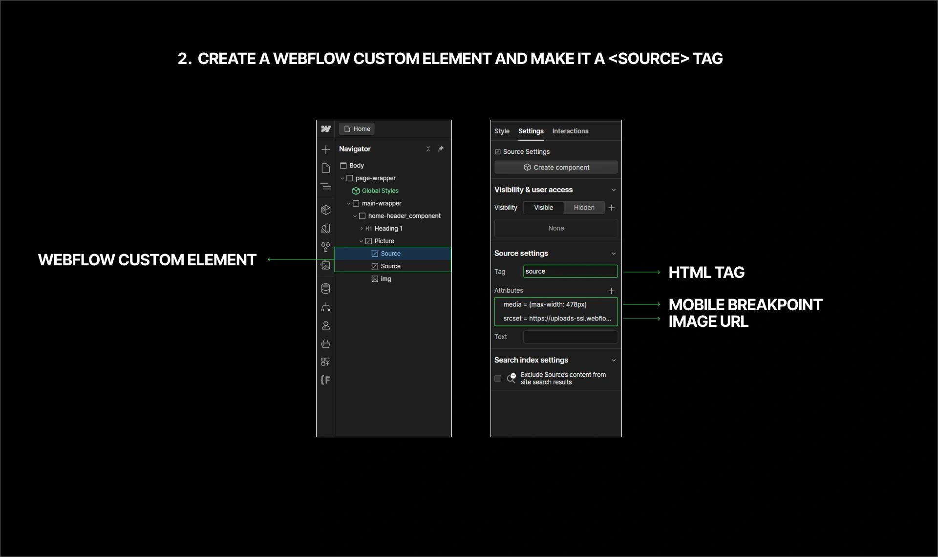 An image showing how to create a source tag for the html picture element in Webflow.