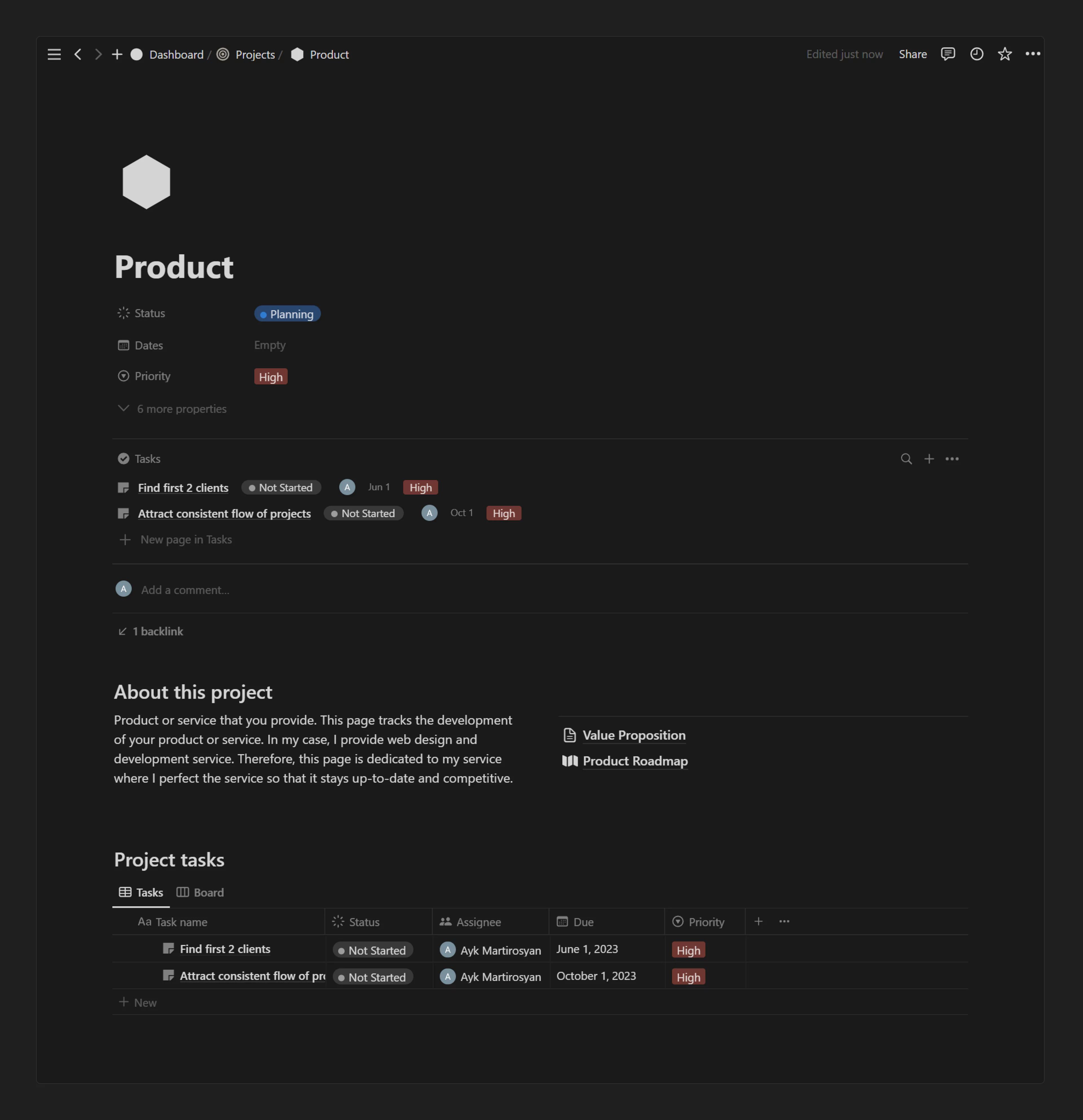 Business OS Product page in Notion where you can track everything related to your product or service.
