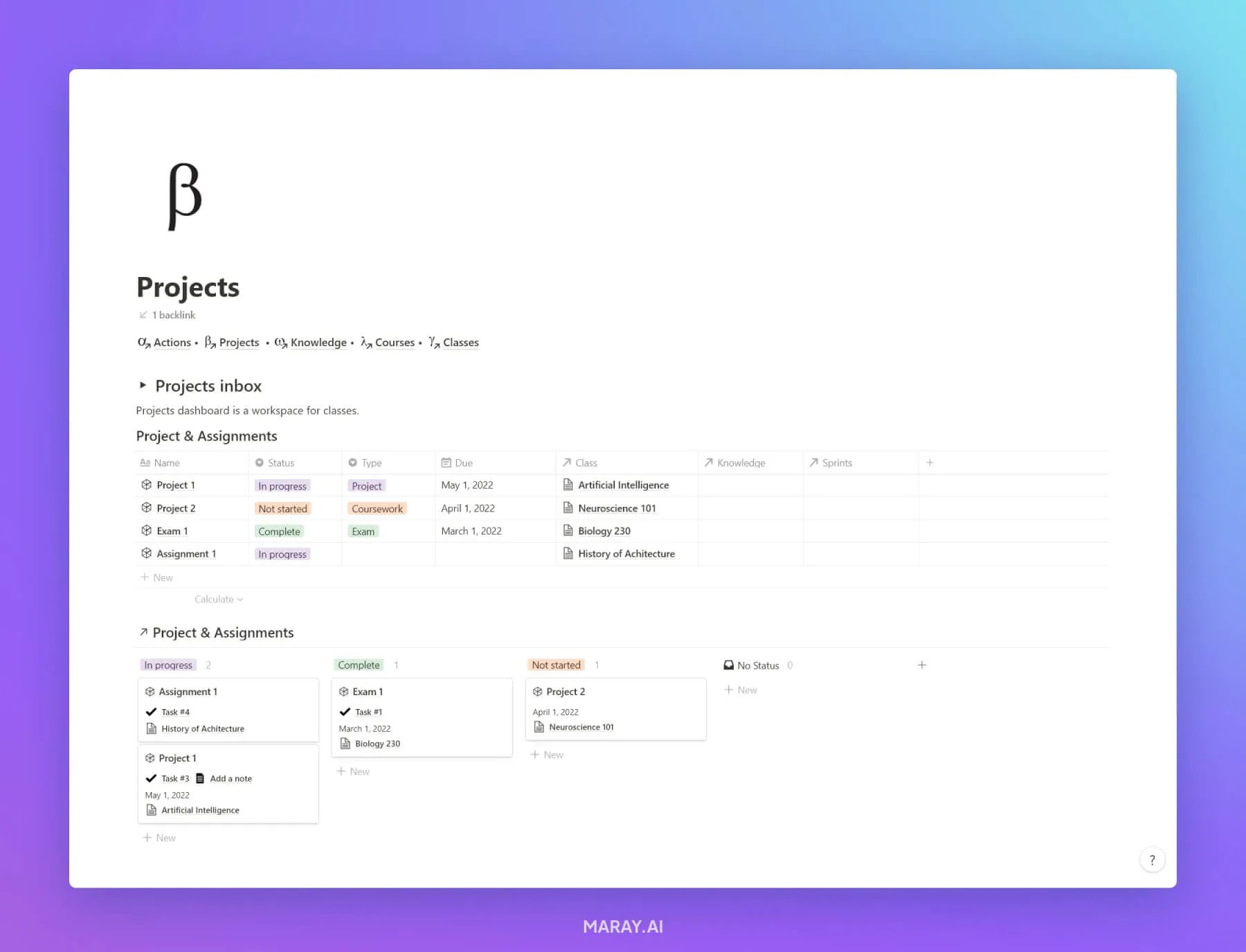 Student Projects dashboard template in Notion.