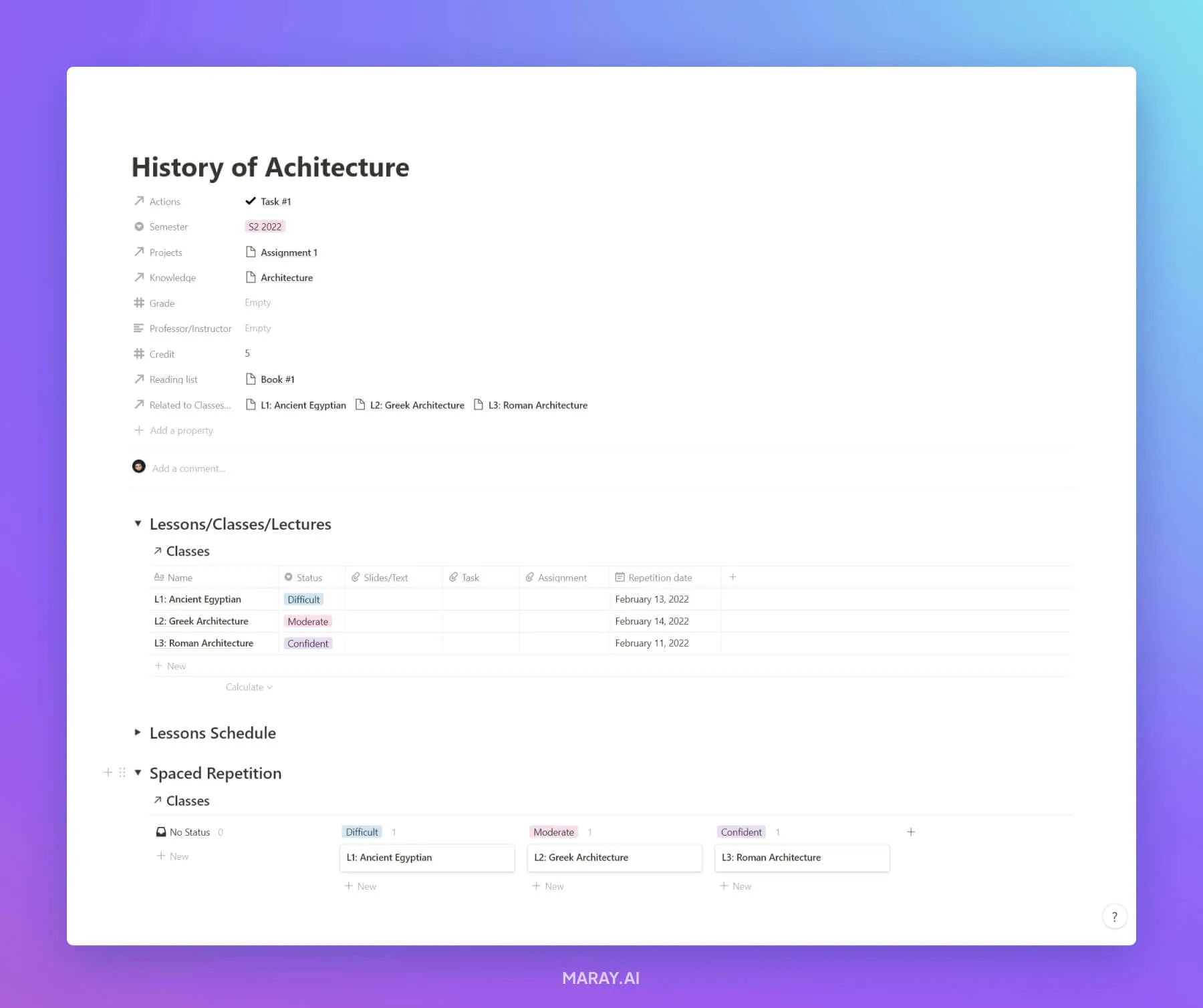 A screenshot of a course template in Notion.
