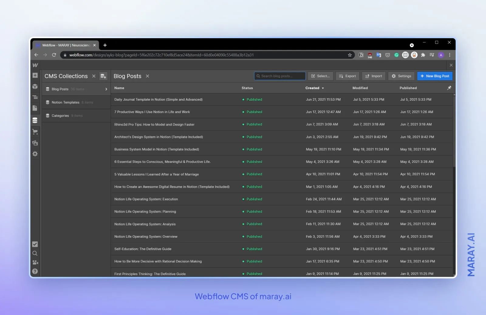 Webflow CMS showing the collections of items.
