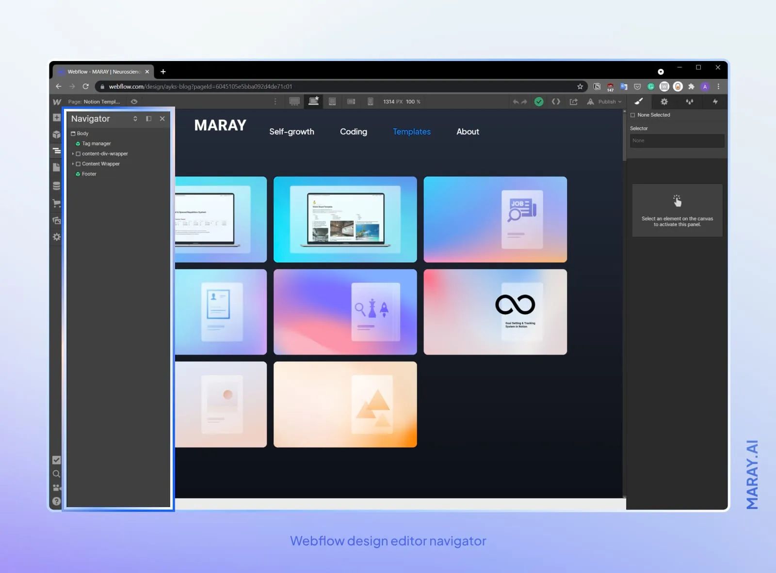 Webflow editor's navigator window.