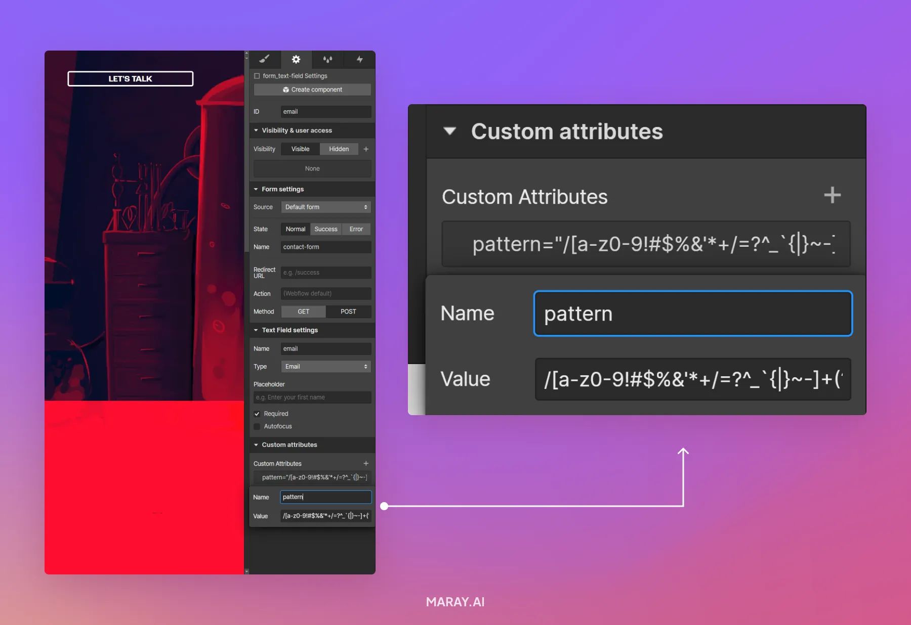 An image showing how to create a custom regex pattern attribute in Webflow.