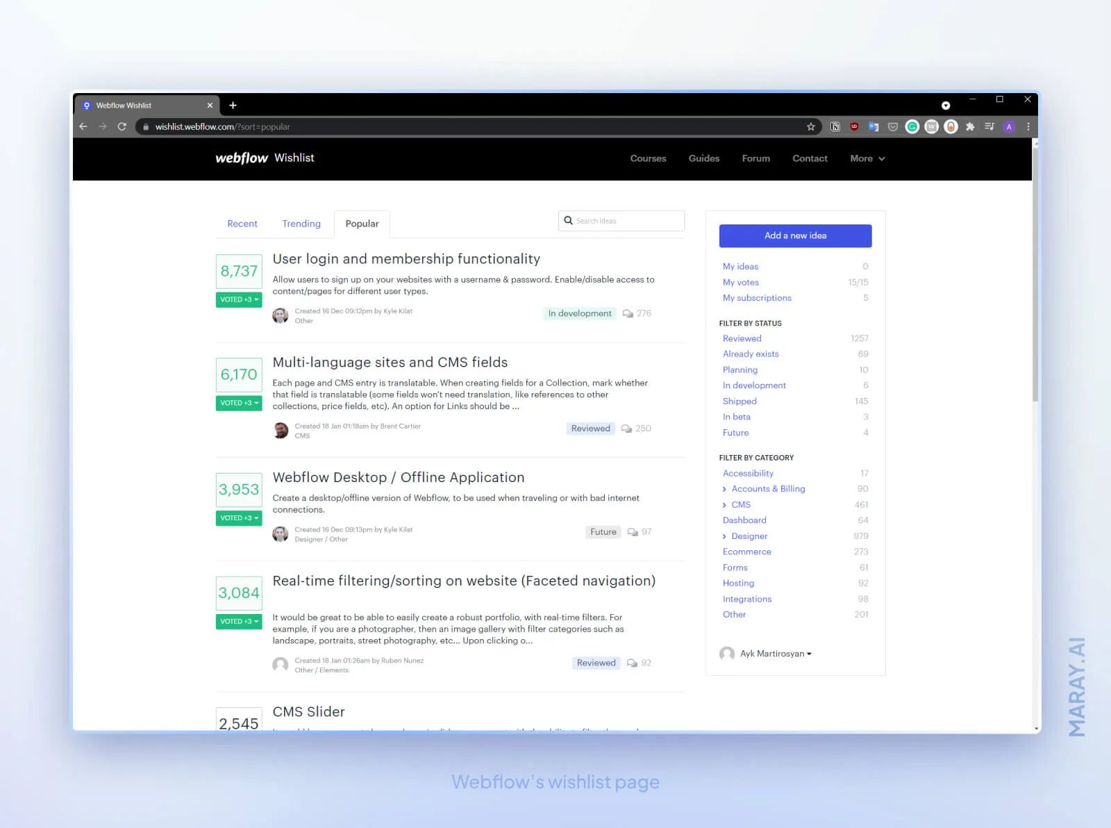 Webflow's wishlist page with the most popular feature requests.