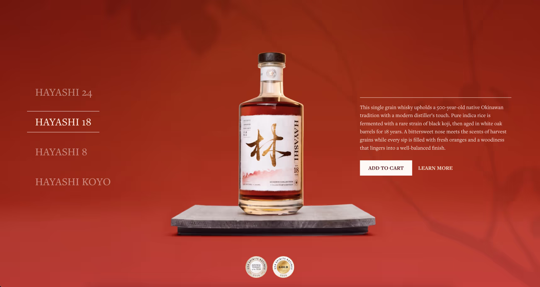 Product display page for Hayashi 18 whisky showing a bottle on a gray stone pedestal against a burgundy background. Product details include aging information, tasting notes, and award medals. Add to cart and learn more buttons are prominently displayed.