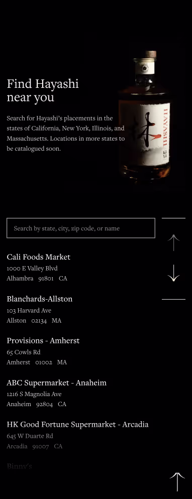 Mobile breakpoint of the store locator interface showing "Find Hayashi near you" with a search bar and list of retail locations across California, New York, Illinois, and Massachusetts. Each listing includes store name, address, and zip code.
