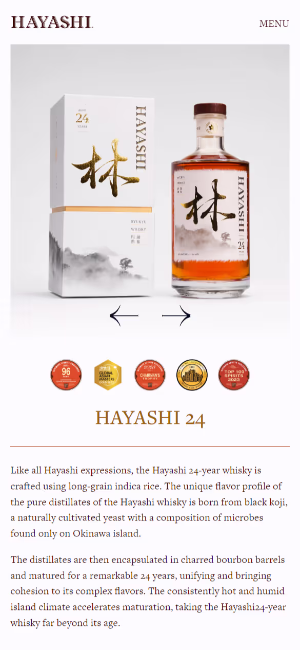 Product page showing Hayashi 24 whisky with bottle and packaging box. Box features Japanese calligraphy and misty mountain artwork. Five award medals displayed. Detailed product description and tasting notes for nose and palate included with add to cart button.