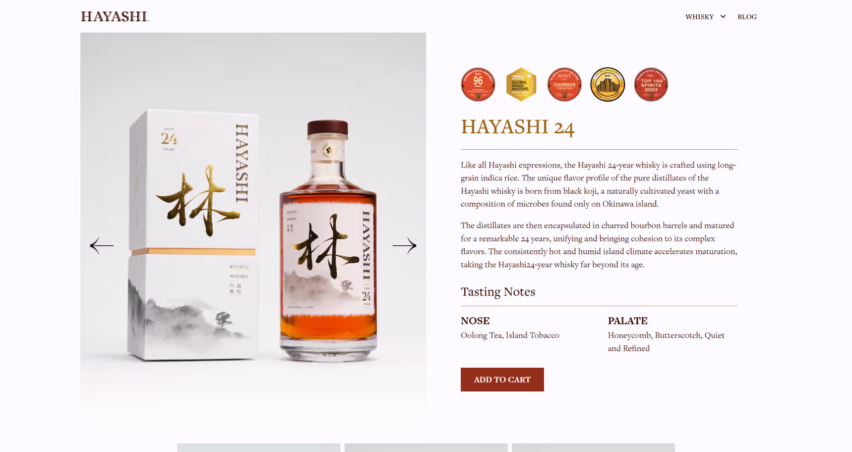 Product page showing Hayashi 24 whisky with bottle and packaging box. Box features Japanese calligraphy and misty mountain artwork. Five award medals displayed. Detailed product description and tasting notes for nose and palate included with add to cart button.