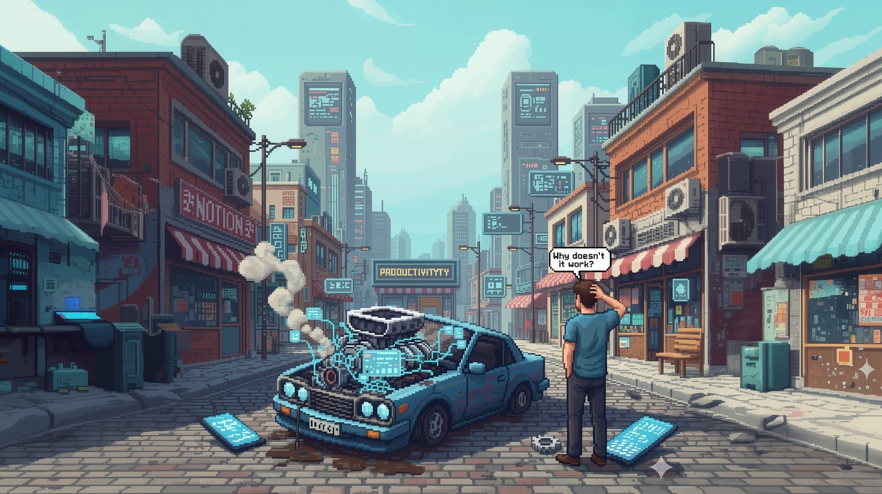 Pixel art illustration of a man confused by his broken-down car, which has a massive, smoking engine. This represents the "productivity hoax": installing a complex system like Notion or a Second Brain into a misaligned life and wondering, "Why doesn't it w