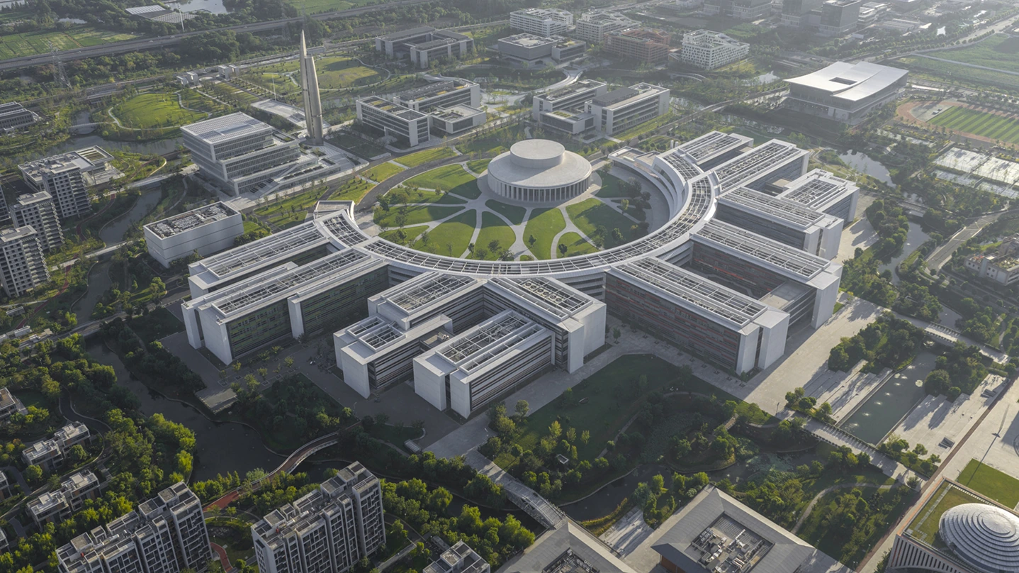Render of the Westlake University campus buildings in Hangzhou.