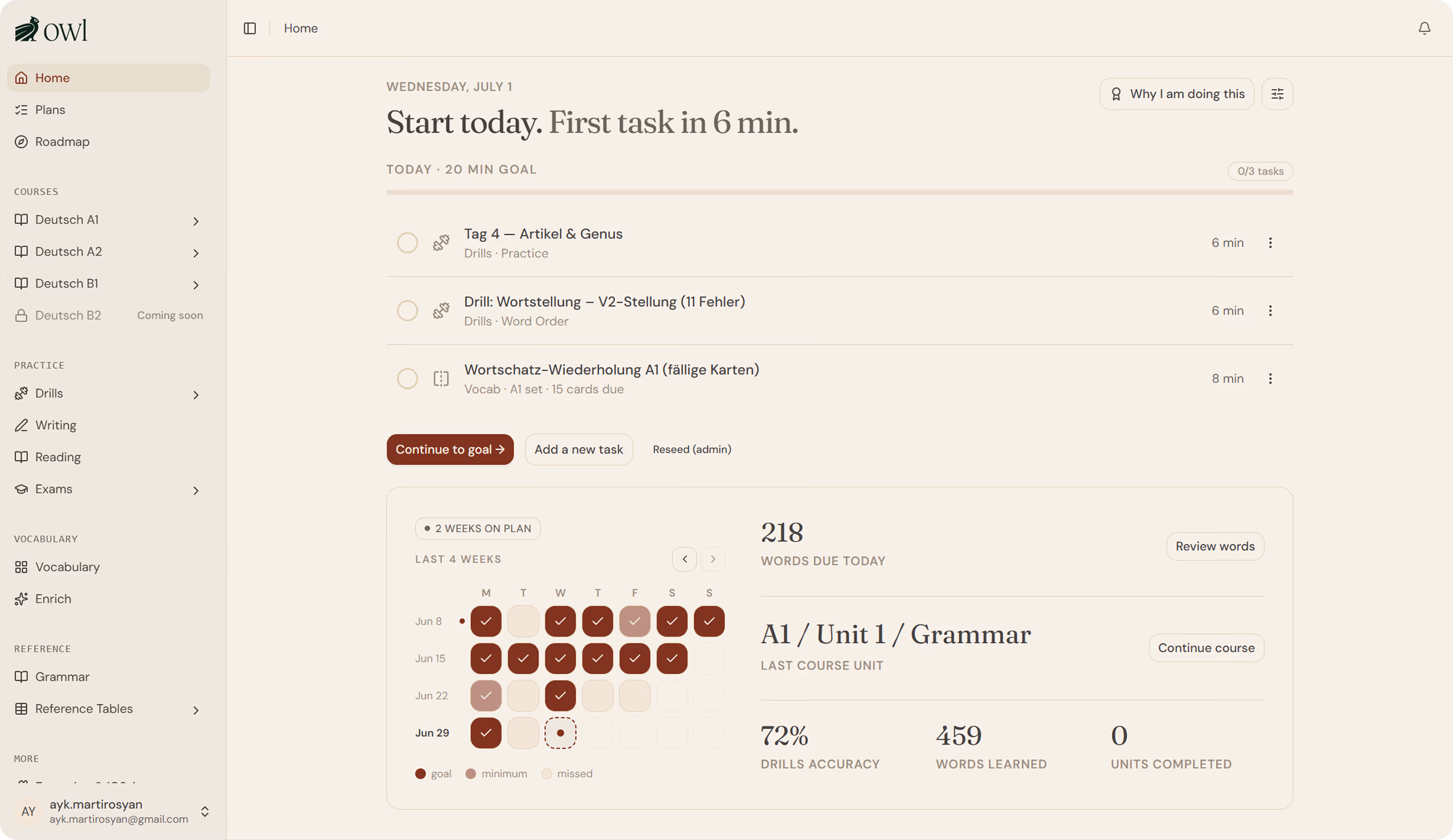 One Who Learns home dashboard showing the daily lesson plan